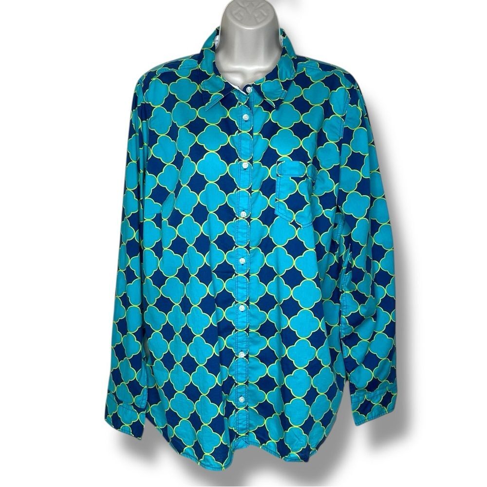 Stylus Moroccan Geometric Blue Print Cotton Long Sleeve Button Shirt Women 1X